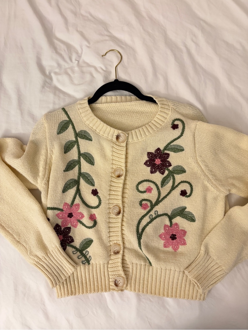 ROMWE Cream Cardigan with Pink & Green Floral Embroidery